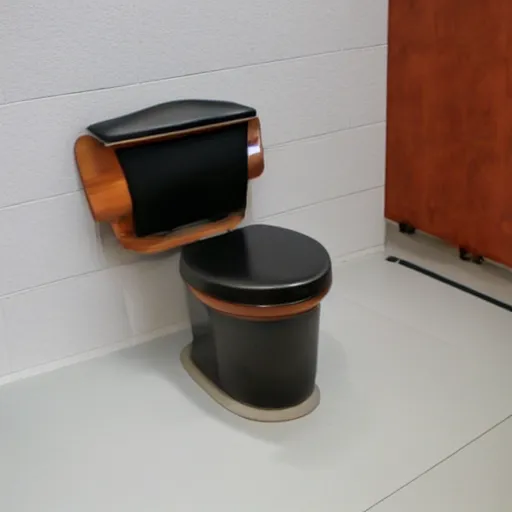 Prompt: mid-century modern toilet with leather seat designed by Charles and Ray Eames, as a museum exhibit