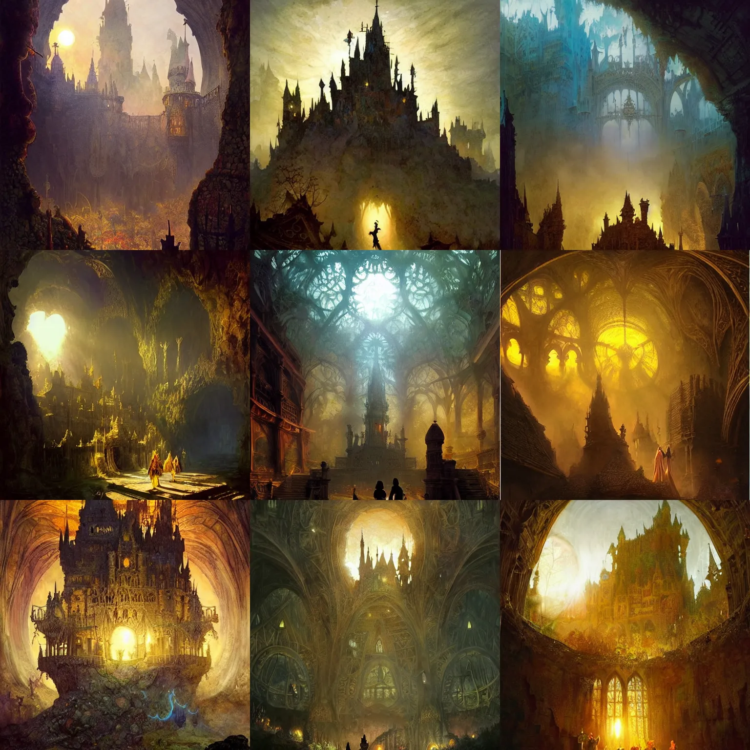 Prompt: a lumnious, mystical, ancent fairy castle underground, golden hour, backlighting, mostly silhouetted in soft shadow, wide shot, atmoshperic, mythical, digital painting by marc simonetti, greg rutkowski, william turner, john anster fitzgerald, arthur rackham and richard dadd, trending on pinterest. com, louvre