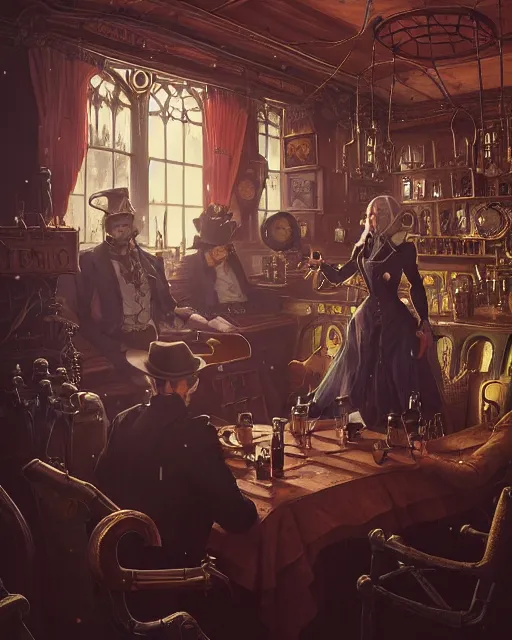 Prompt: highly detailed surreal vfx portrait of a steampunk cowboy in a gothic saloon, stephen bliss, unreal engine, greg rutkowski, loish, rhads, beeple, makoto shinkai and lois van baarle, ilya kuvshinov, rossdraws, tom bagshaw, alphonse mucha, global illumination, detailed and intricate environment