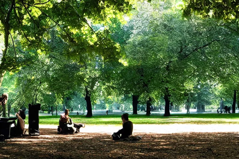 Image similar to cinematography plein air painters in Parc Monceau by Emmanuel Lubezki