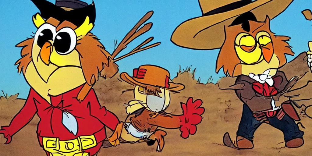 Image similar to saturday morning cartoon shot of an owl dressed as the lone ranger, style of garfield and friends, 199a0s