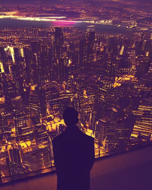Image similar to a night rooftop scene, neon lights in the city below, close up shot of a photorealistic gangster wearing a trench coat looking at the city below, global illumination, unreal engine, hyper realism