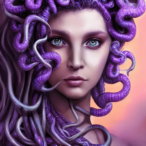 Prompt: Portrait of Medusa, Ancient Greece, face, fantasy, intricate, elegant, beautiful, magical, large blue eyes, luminescent, enchanted, purple mist, highly detailed, hyper realistic, digital painting, artstation, concept art, smooth, sharp focus, 4k, 8k