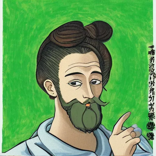 Image similar to portrait painting of surprising Michelangelo di Lodovico with topknot in the style of japanese cartoon with green background for editing