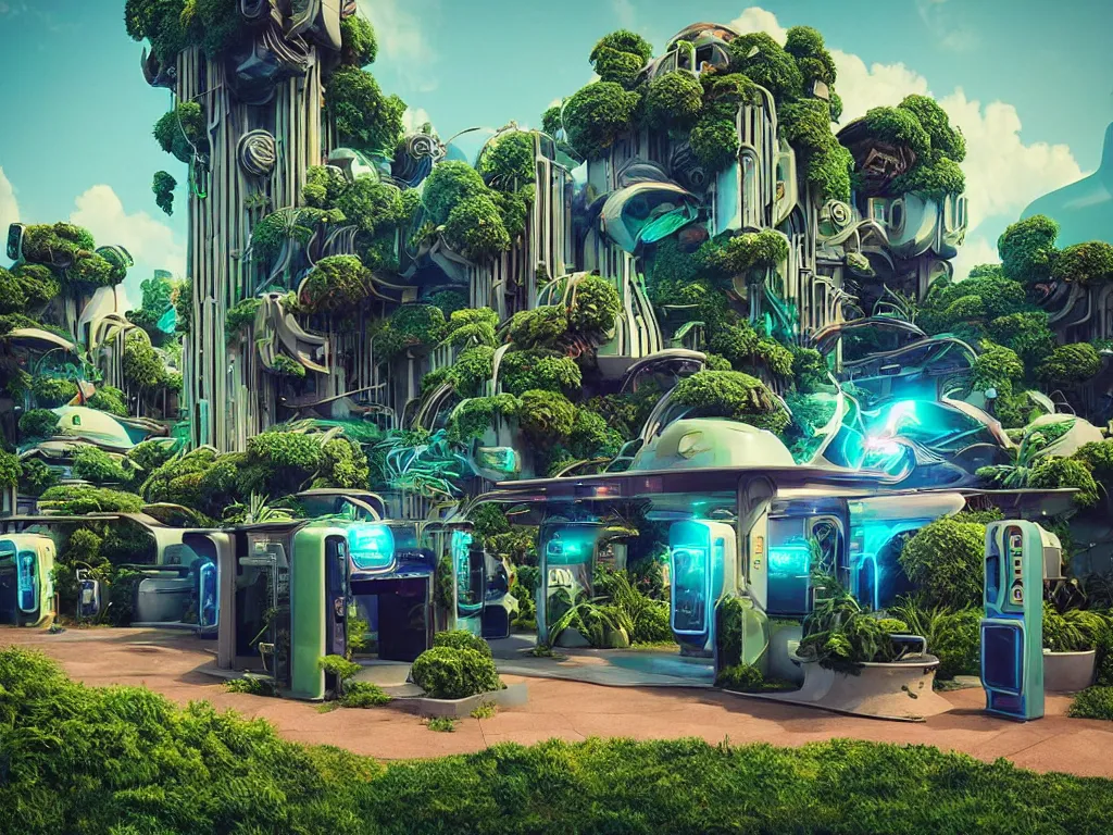 Prompt: 80s futuristic outdoor retro arcade, desolate, lush vegetation:: by beeple and James Gilleard and Justin Gerard :: ornate, dynamic, particulate, intricate, elegant, highly detailed, centered, artstation, smooth, sharp focus, octane render, 3d