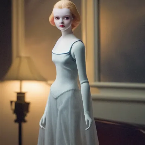 Image similar to Elle Fanning as a porcelain doll at night in the world of Edward Hopper, stormy snowy weather, streetlights, extremely detailed masterpiece, oil on canvas, low-key neon lighting, artstation, Blade Runner 2049, Roger Deakin’s cinematography, by J. C. Leyendecker and Peter Paul Rubens,