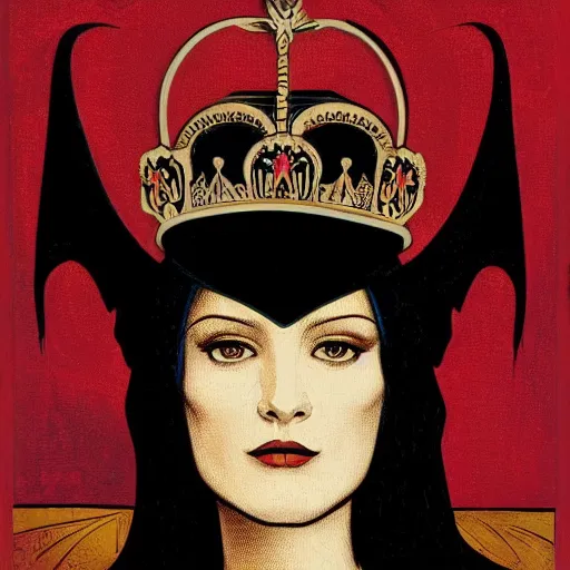 Prompt: Illustrated by Shepard Fairey and H.R. Geiger | a renaissance style portrait painting of raven winged female vampire in VR helmet, wearing a crown and cape, dark background