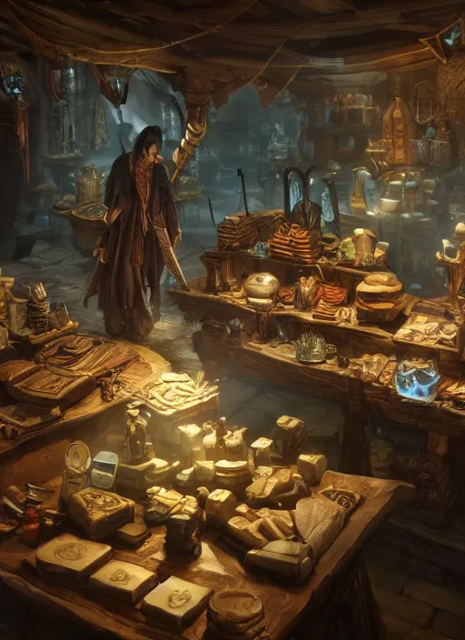 Image similar to merchant in his store selling things, ultra detailed fantasy, elden ring, realistic, dnd, rpg, lotr game design fanart by concept art, behance hd, artstation, deviantart, global illumination radiating a glowing aura global illumination ray tracing hdr render in unreal engine 5