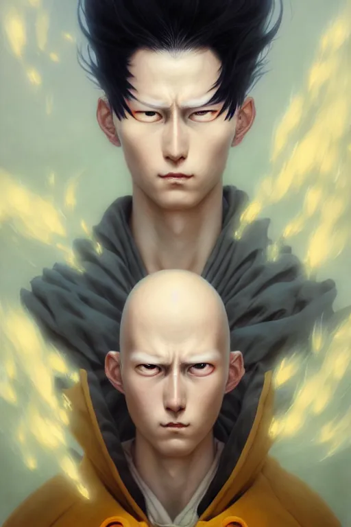 Image similar to a portrait of saitama illustrated by miyazaki by karol bak, james jean, tom bagshaw, rococo, sharp focus, trending on artstation, cinematic lighting, hyper realism, octane render, 8 k, hyper detailed, vivid, ultra detailed, highly detailed