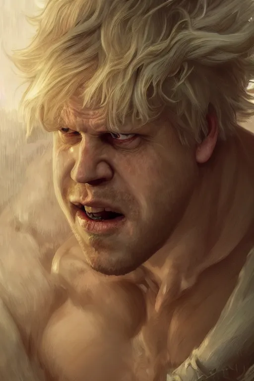 Image similar to portrait of boris johnson as a hulking herculean demon, forest, godlike, full body, fantasy, intricate, elegant, highly detailed, digital painting, artstation, concept art, sharp focus, illustration, art by artgerm and greg rutkowski and alphonse mucha