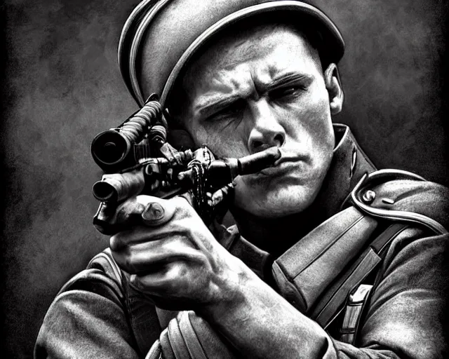 Prompt: A soldier aiming a gun, indifferent face, world war 1, close-up, realistic face, beautiful face detail, mature facial features, black and white, amazing digital art, hyper detailed, artstation, in the style of Tony Sart