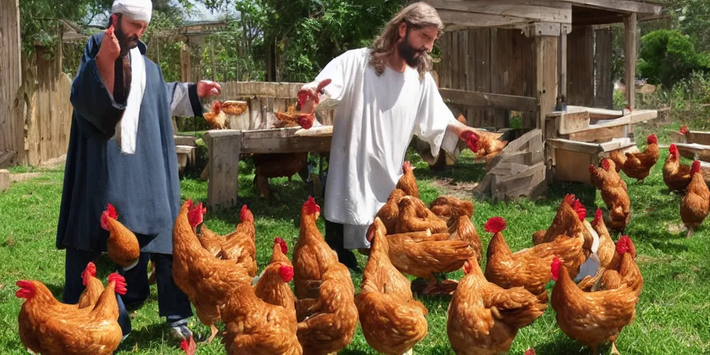 Image similar to Jesus is feeding the chickens