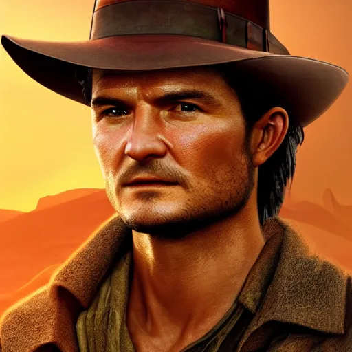 Image similar to hyperrealistic glamour shot of orlando bloom as indiana jones, stunning 3 d render inspired by istvan sandorfi & xiang duan, perfect symmetry, dim volumetric cinematic lighting, 8 k octane comprehensive render, extremely mega hyper - detailed and lifelike attributes & atmosphere, intricate, realistic flesh texture, masterpiece, artstation, stunning,