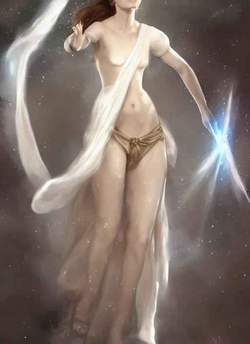 Prompt: emma watson as magic healer celestial, long hair, white and transparent cloth, space, D&D, shiny background, intricate, elegant, highly detailed, digital painting, artstation, concept art, smooth, sharp focus, illustration, artgerm, bouguereau