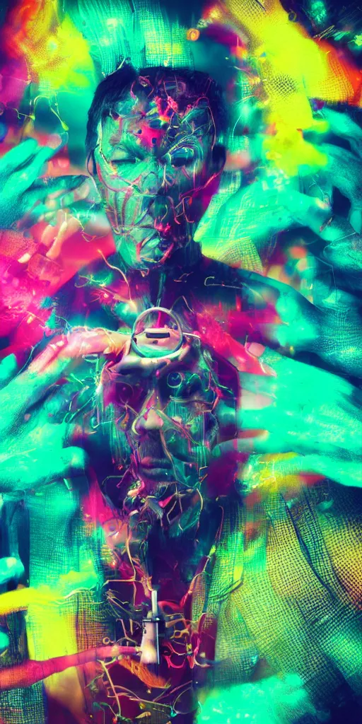 Prompt: man becomes controlled by a smartphone he gazes at while he played like a marionette, puppet, intricate complexity, horror, psychedelic glitch art, rainbow drip paint, trending on art station, photoreal, 8k, octane render