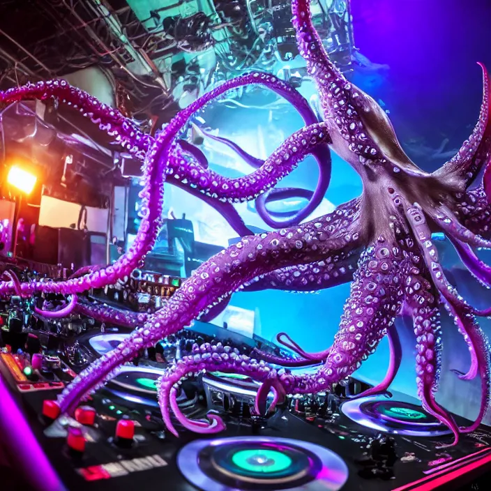 Image similar to award winning closeup photo of an octopus! as a dj with tentacles! simultaneously placed turntables cdjs and knobs of a pioneer dj mixer. sharp, blue and fuschia colorful lighting, in front of a large crowd, studio, medium format, 8 k detail, volumetric lighting, wide angle, at an outdoor psytrance festival main stage at night, concept art