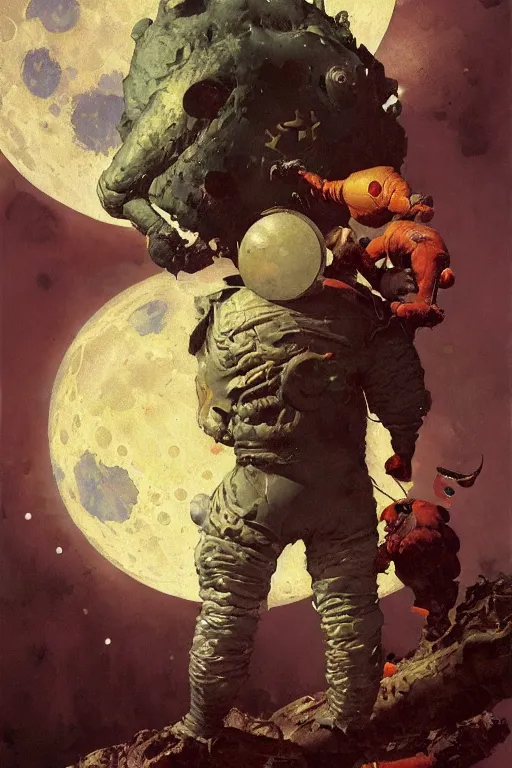 Image similar to a sausage falls onto the surface of the moon, by norman rockwell, jack kirby, jon berkey, earle bergey, craig mullins, ruan jia, jeremy mann, tom lovell, marvel, astounding stories, 5 0 s pulp illustration, scifi, fantasy, artstation creature concept