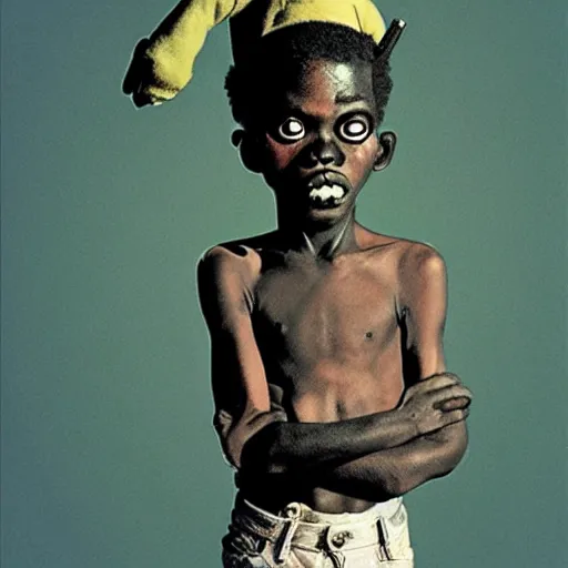 Image similar to an african boy from the movie tank girl, by jamie hewlett and sawoozer and roger ballen,