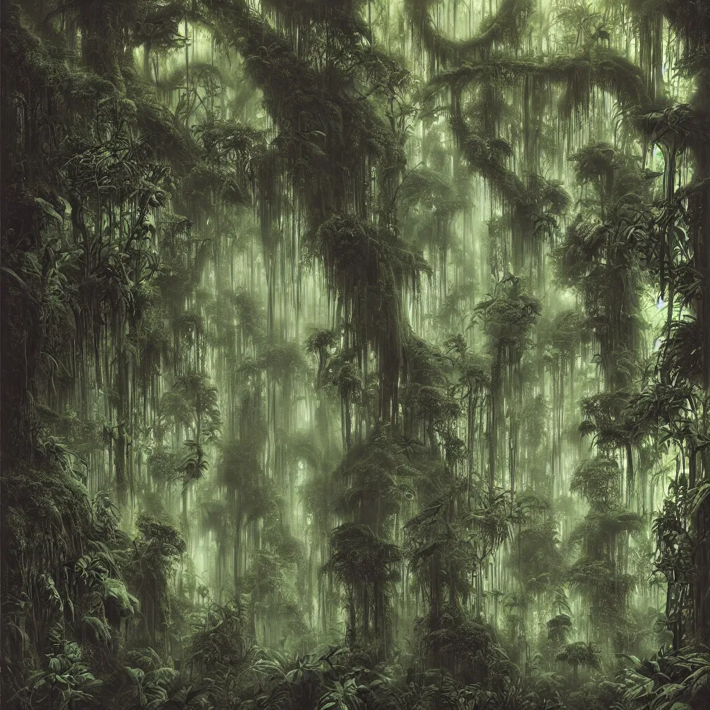 Image similar to a dark enchanted rainforest jungle at night, upward cinematic angle, thick mist, by rodney matthews, michael kaluta, bernie wrightston, and stephen gammell, ghostly low light, stunning composition, intricate, elegant, digital art, hyperdetailed, full color mixed media painting, hyperrealistic, sharp focus, 8k