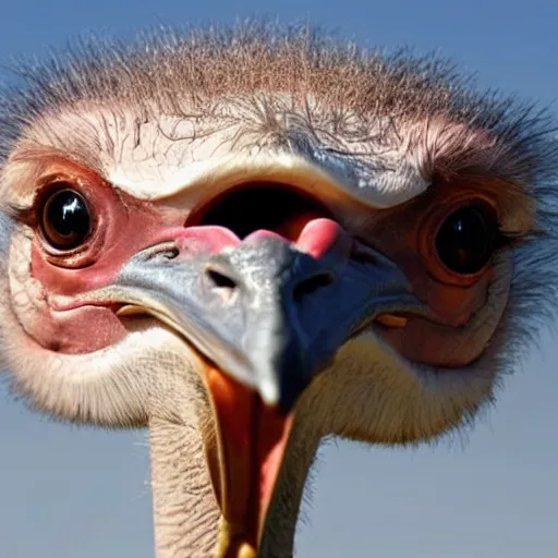 Image similar to an ostrich with muscular human arms.