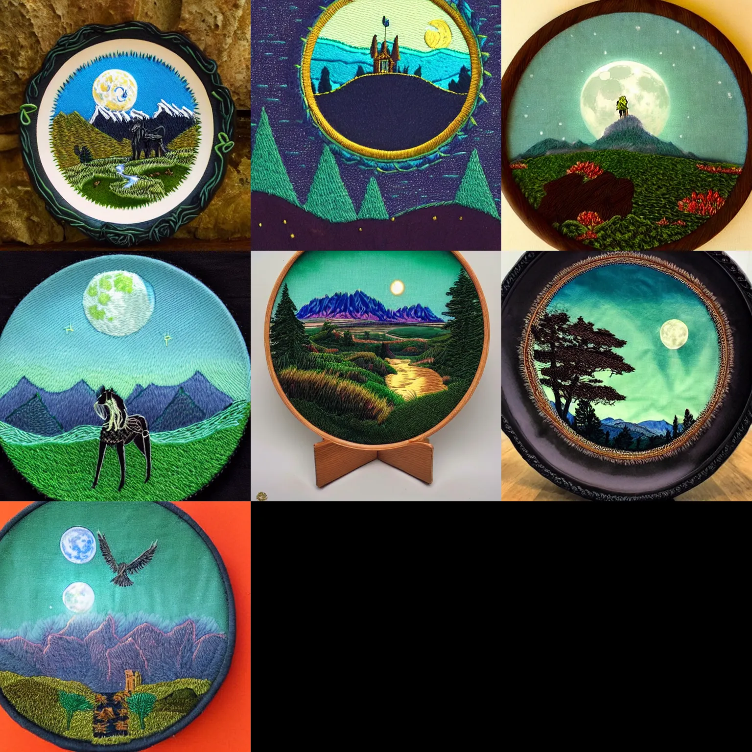 Prompt: king in embroided full plate,fantasy art,green sky,full moon,mountains in the distance,