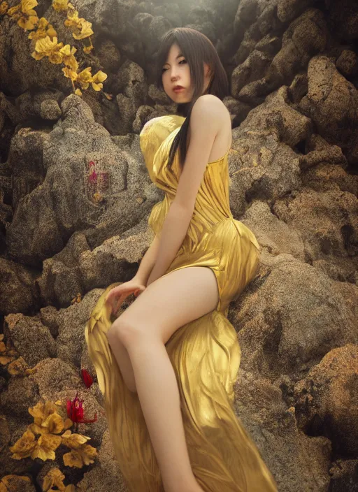 Image similar to Kodak Portra 400, 8K, soft light, volumetric lighting, highly detailed, Rena Nounen style 3/4 ,portrait photo of a Japanese ravishing Goddess by WLOP, the face emerges from a lava flowing gold travertine terraces with lotus flowers, inspired by Ophelia paint , a beautiful chic dress and hair are intricate with highly detailed realistic beautiful flowers , Realistic, Refined, Highly Detailed, ethereal lighting colors scheme, outdoor fine art photography, Hyper realistic, photo realistic