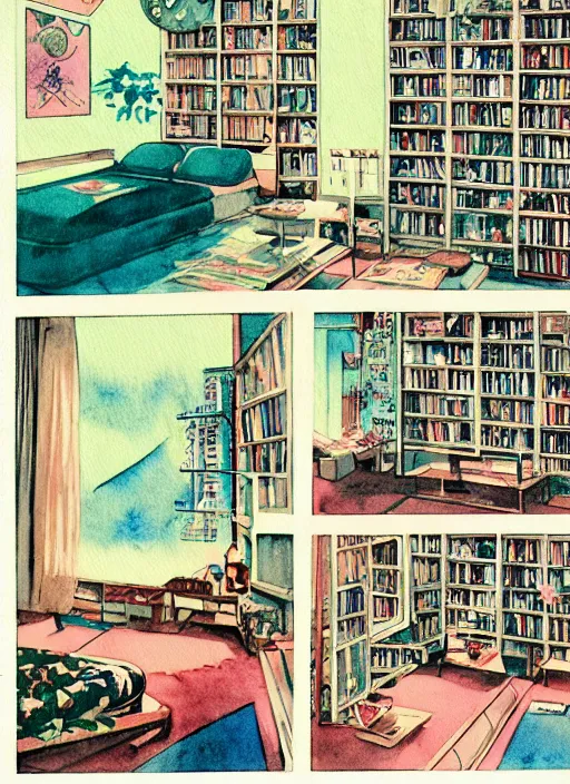 Image similar to vintage cinematic 7 0 s anime comic book watercolor of architecture design by victo nagi and by billy childish, composition by wes anderson, fisheye lens, pov perspective of maximalist botanical old shabby chic bedroom filled with posters and shelves and nic nacs by enjolras delphin, ethereal soft and fuzzy glow, by cicely mary barker