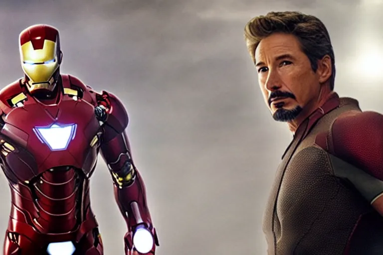 Image similar to richard gere is new iron man, epic scene from marvel movie, photo realistic