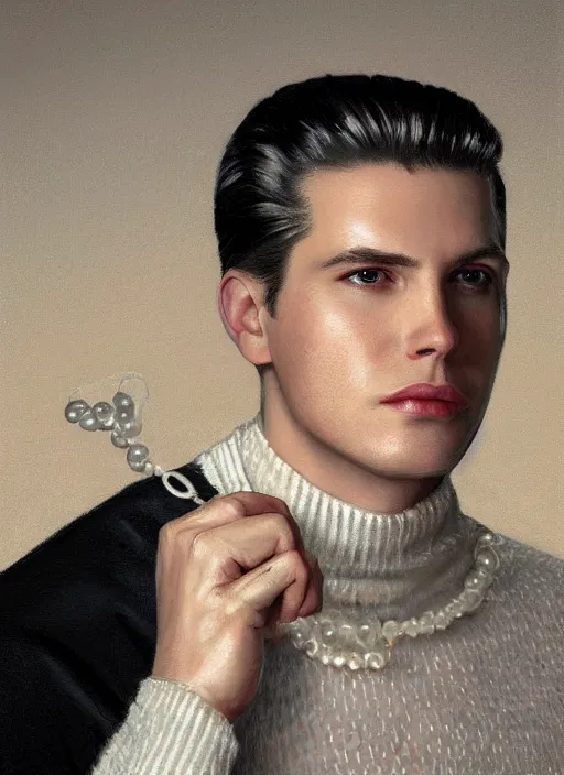 Prompt: close-up portrait of young white male wizard, with white slicked back hair, with pearl necklace and pearl earing, in the museum, in white turtleneck shirt, painting in the museum, highly detailed, sharp focus, digital painting, artwork by Kinkade, by Victor Adame Minguez by Yuumei by Tom Lovell by Leyendecker by Sandro Botticelli