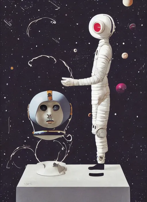 Image similar to studio photography, a surreal contemporary ceramic sculpture of an astronaut on a plinth, by victo ngai, by hikari shimoda, by tracie grimwood, plain black background