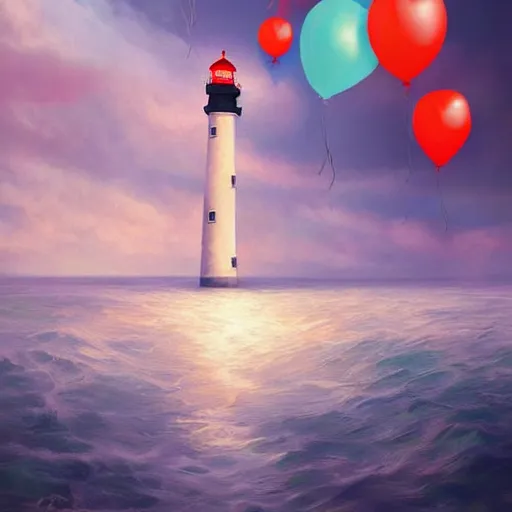 Image similar to plenty of floating birthday balloons. beautiful sea with a lighthouse. digital art, highly - detailed, artstation cgsociety masterpiece