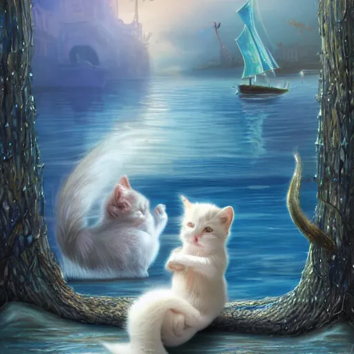 Image similar to a mermaid at the wharf in San Francisco meets a small white kitten, fantasy illustration,