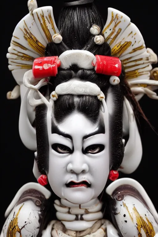 Image similar to porcelain oni geisha made by Kris Kuksi and HR Giger