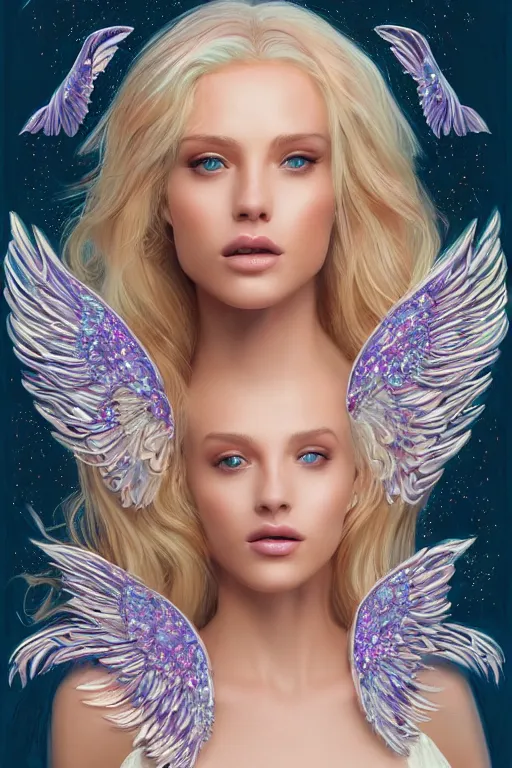 Image similar to beautiful blonde young woman's face, magical, angelic wings, flowers, intricate, synth-wave, retrowave, highly-detailed, elegant, dramatic lighting, gorgeous face, lifelike, photorealistic face, long luxurious intricate gown, digital painting, artstation, illustration, concept art, smooth, sharp focus, art by Craig Russel, Barry Smith, artgerm, and Albert Aublet and Krenz Cushart and Artem Demura and Alphonse Mucha