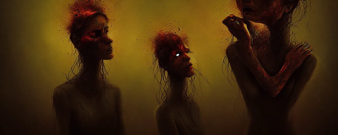 Image similar to alchemized earthy visceral emotion creatures, surreal dark uncanny painting by ronny khalil