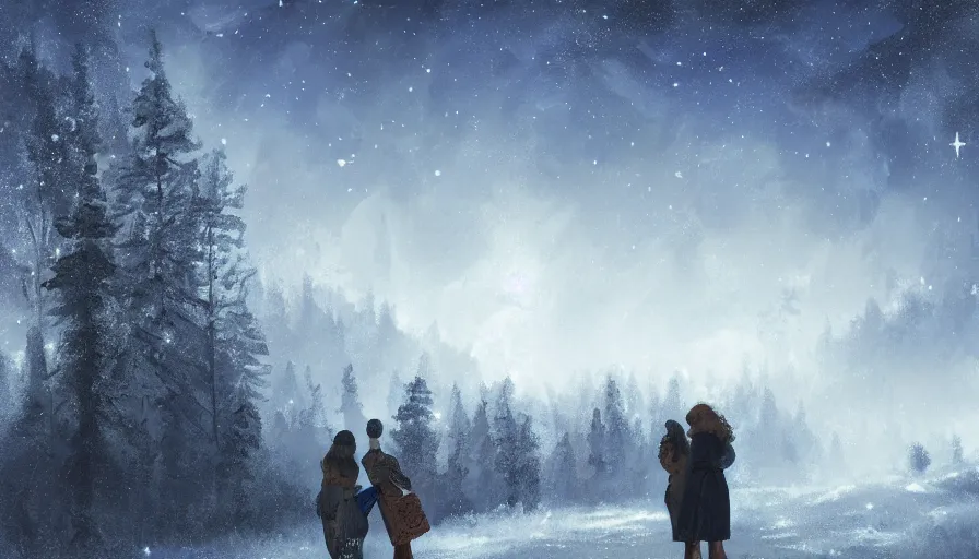 Image similar to Digital painting of two women admiring the landscape of a snowy forest with stars in the sky, a shooting star and villages in the distance, hyperdetailed, artstation, cgsociety, 8k