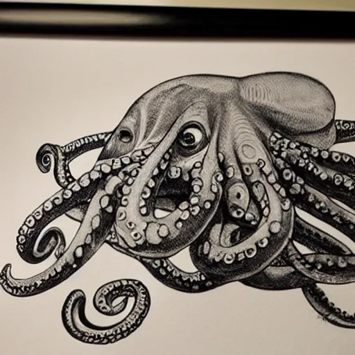 Prompt: a realistic octopus in a car repair shop, engraving, ink, sempe