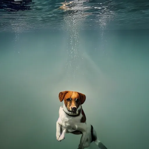 Prompt: dog underwater photography and light scattering, water refractions turned out impressive imho,