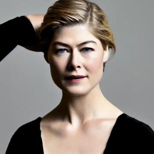 Image similar to rosamund pike wearing black robe and golden necklace cinematic photoshoot high quality highly affordable photo realistic 8 k hd