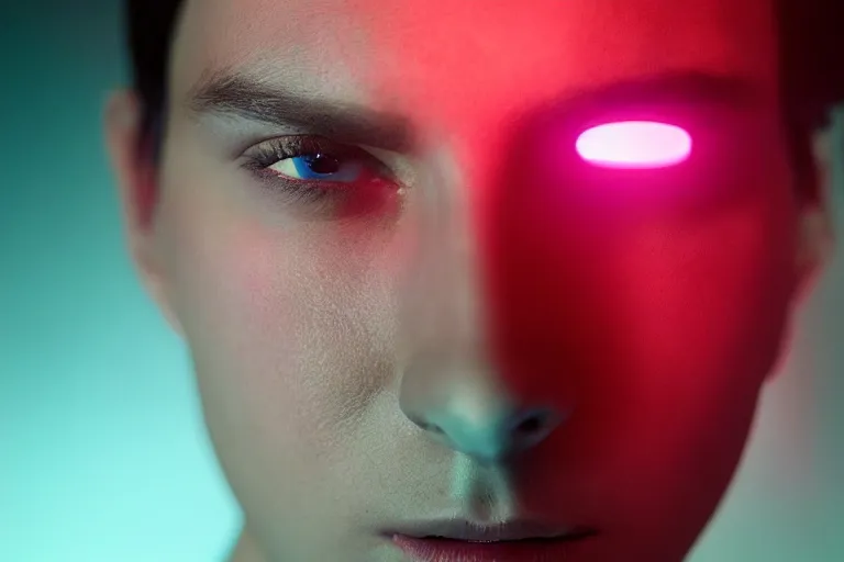 Image similar to VFX movie of a hacker closeup portrait in high tech compound, beautiful natural skin neon lighting by Emmanuel Lubezki