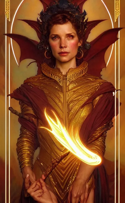 Image similar to magic gold dragon gorgeous lighting by weta studio, mucha, bautista and norman rockwell and greg rutkowski and tom bagshaw and james gurney and lucasfilm