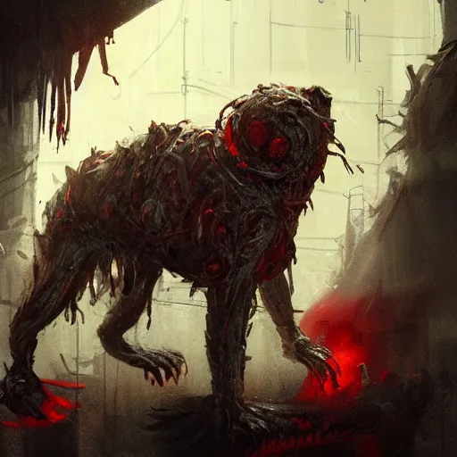 Image similar to concept art by greg rutkowski, dog - shaped monster made of twisted meat and reddish ooze, roaming the colony, looking rabid, in a claustrophobic, futuristic and brutalist environment, frightening and creepy atmosphere, scifi, highly detailed portrait, digital painting, artstation, concept art, smooth, sharp foccus ilustration, artstation hq