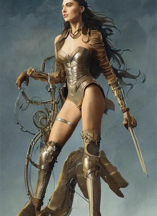 Image similar to highly detailed steampunk gal gadot standing, blond, steel age : leonardo da vinci, greg rutkowski, magali villeneuve