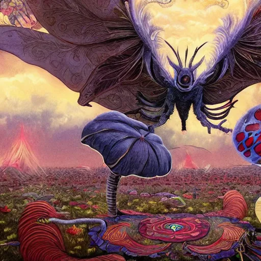 Prompt: 8K Portrait of centered chest up of a psychedelic godlike mothman with giant mandala wings smoking a hand-rolled cigarette smoking heavily , magic mushroom village in background , post-processing , award winning. superb resolution. in the art style of junji Ito and greg rutkowski . Detailed Mushroom city in background. Hyper realistic anime. Perfect art. Dalle2