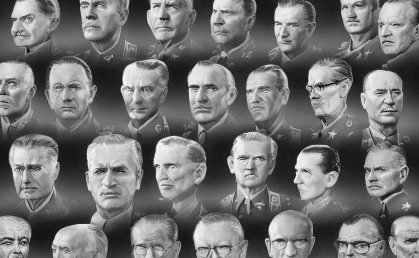 Image similar to 50s movie still full lenght portrait of very diverse soviet generals with very detailed faces, by Alexei Guerman , Cinestill 800t 35mm black and white, heavy grainy picture, very detailed, high quality, 4k, HD criterion, precise texture, diversity of faces