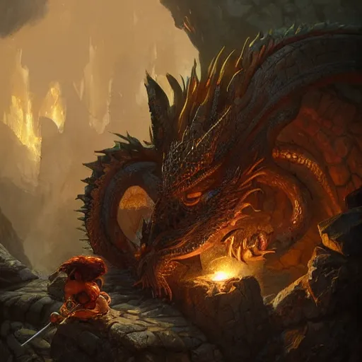 Prompt: dragon sleeping on a pile of treasure, dramatic light, dungeon background, torches, high detail, fantasy background, painted by stanley lau, painted by greg rutkowski, painted by stanley artgerm, digital art, trending on artstation