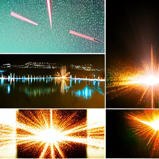 Image similar to collage, lasers and smoke over a lake in the nightime