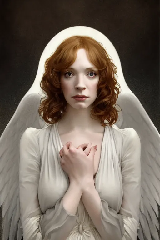 Image similar to symmetrical!! looking at the camera!!! a portrait of an angel young christina hendricks wearing a white silky dress, upper body, concept art, deep focus, sky, heaven, clouds, intricate, highly detailed, digital painting, artstation, matte, sharp focus, illustration, art by greg rutkowski and alphonse mucha