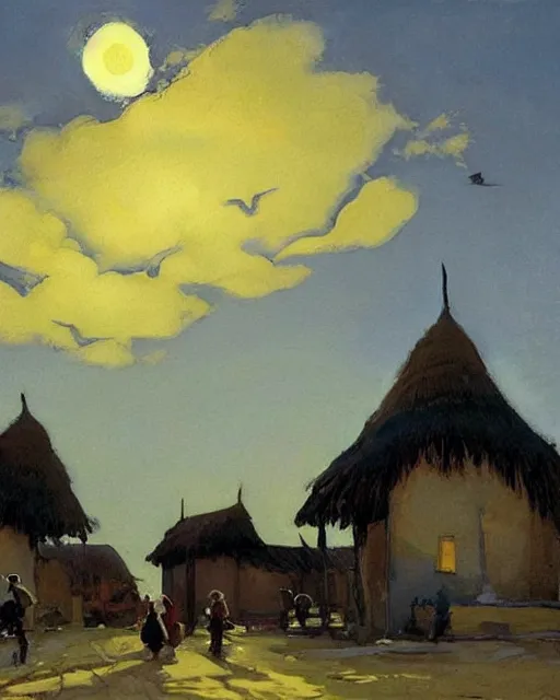 Image similar to Painting by Greg Rutkowski, painting by Valentin Serov, at night a big ceramic jug with gold ornaments flies high in the night dark blue sky above a small village with white houses under thatched roofs, stars in the sky