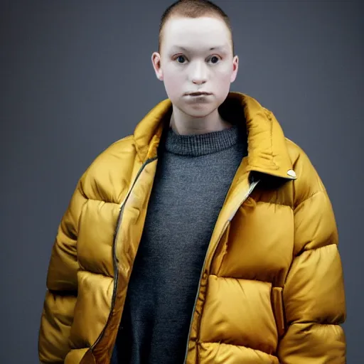 Image similar to realistic photoshooting for a new acne studio lookbook, color film photography, close up, model is wearing a puffer jacket, photo of a woman, photo in style of tyler mitchell, 3 5 mm, vetements, balenciaga, commes des garcon